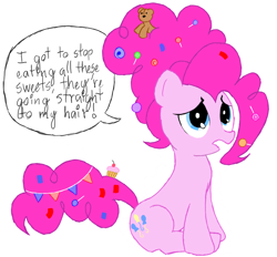 Size: 1062x984 | Tagged: safe, artist:scootaloormayfly, pinkie pie, earth pony, pony, g4, the last problem, blue eyes, candy, confetti, cupcake, food, grammar error, older, older pinkie pie, plushie, simple background, solo, speech bubble, teddy bear, text, white background