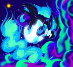 Size: 2093x1928 | Tagged: safe, artist:mew_ghost1, nightmare moon, pony, chubby, cloud, female, flank, grin, hooves, looking at someone, mare, moon, sky, smiling, space, sun, tangible heavenly object, thighs
