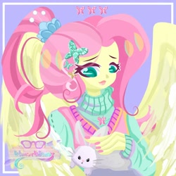 Size: 800x800 | Tagged: safe, alternate version, artist:windywendy29, angel bunny, fluttershy, human, rabbit, g4, alternate hairstyle, angel is a bunny bastard, animal, blushing, clothes, cute, female, humanized, nail polish, petting, pony coloring, shyabetes, solo, sweater, sweatershy, winged humanization, wings