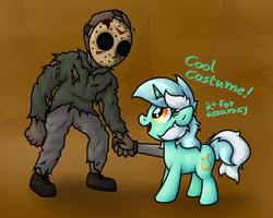 Size: 2365x1888 | Tagged: safe, artist:background basset, lyra heartstrings, human, pony, unicorn, g4, confused, dialogue, duo, friday the 13th, jason voorhees, machete, open mouth, text