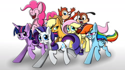 Size: 1280x720 | Tagged: safe, artist:mlptmntdisneykauane, applejack, fluttershy, pinkie pie, rainbow dash, rarity, twilight sparkle, alicorn, earth pony, pegasus, pony, unicorn, g4, chip, chip and dale rescue rangers, crossover, dale, mane six, twilight sparkle (alicorn)