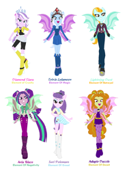 Size: 1024x1353 | Tagged: safe, artist:prettycelestia, adagio dazzle, aria blaze, diamond tiara, lightning dust, suri polomare, trixie, equestria girls, g4, boots, disguise, disguised siren, elements of disharmony, ponied up, shoes, simple background, sirenified, species swap, white background