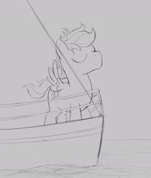 Size: 1644x1939 | Tagged: safe, artist:dtcx97, oc, oc only, pegasus, pony, boat, eyes closed, grayscale, monochrome, pegasus oc, solo, spread wings, water, wings