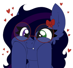 Size: 2630x2472 | Tagged: safe, artist:pegamutt, oc, oc only, oc:shadow twinkle, bat pony, pony, bat pony oc, cheek squish, freckles, glasses, heart, heterochromia, high res, hooves on cheeks, simple background, solo, squishy cheeks, transparent background