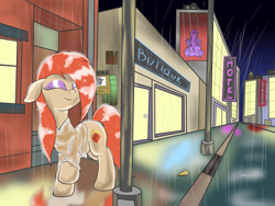 Size: 3000x2250 | Tagged: safe, artist:amateur-draw, oc, oc only, oc:phosphor flame, earth pony, pony, city, clothes, earth pony oc, eyes closed, eyeshadow, female, high res, makeup, manehattan, mare, neon, poster, rain, raised hoof, scenery, shirt, smiling, solo, tail, wanted poster, wet, wet clothes, wet mane, wet shirt, wet tail