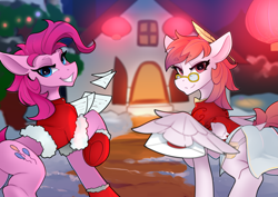 Size: 4677x3307 | Tagged: safe, artist:zpdea, pinkie pie, oc, oc:芳棠, earth pony, pegasus, pony, g4, bowtie, cheongsam, clothes, dress, duo, duo female, female, glasses, high res, lantern, letter, looking at you, mare, mascot, pegasus oc, snow, spread wings, wings, winter outfit