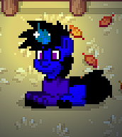 Size: 172x192 | Tagged: safe, oc, oc only, oc:shadon, pony, unicorn, pony town, clothes, glowing, glowing horn, horn, leaves, lying down, prone, solo, unicorn oc