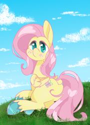 Size: 1000x1385 | Tagged: safe, artist:pagophasia, derpibooru exclusive, fluttershy, pegasus, pony, blushing, butt, cloud, colored hooves, cute, cutie mark eyes, daytime, dock, eye reflection, female, flutterbutt, folded wings, frog (hoof), grass, hill, impossibly long eyelashes, looking at you, looking back, looking back at you, lying down, outdoors, plot, prone, reflection, shyabetes, solo, tail, underhoof, unshorn fetlocks, wingding eyes, wings