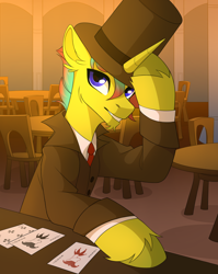 Size: 2388x3000 | Tagged: artist needed, safe, oc, oc only, oc:baneblackraven, pony, unicorn, clothes, hat, high res, horn, male, no source available, playing card, solo, stallion, suit, table, top hat, unicorn oc