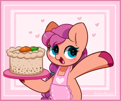 Size: 3032x2520 | Tagged: safe, artist:kittyrosie, sunny starscout, earth pony, pony, g5, my little pony: tell your tale, panic on harvest & hugs day, spoiler:g5, spoiler:my little pony: tell your tale, spoiler:tyts01e35, apron, blushing, cake, carrot cake (food), clothes, cute, female, food, happy, high res, hoof hold, mare, open mouth, smiling, solo, sunnybetes, unshorn fetlocks