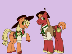 Size: 1600x1200 | Tagged: safe, artist:goldensuculents, applejack, big macintosh, earth pony, pony, g4, apple, beret, chile, clothed ponies, clothes, duo, gaucho, hat, headcanon, hooves, huaso, long mane, long tail, neckerchief, necktie, pink background, rastra y tirador, simple background, tail, waistcoat