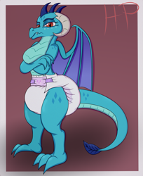 Size: 1733x2127 | Tagged: safe, artist:hodgepodgedl, princess ember, dragon, g4, bipedal, breasts, crossed arms, diaper, diaper fetish, dragoness, female, fetish, lizard breasts, looking at you, non-baby in diaper, poofy diaper, solo