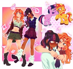 Size: 3600x3400 | Tagged: safe, artist:sn_trix, sci-twi, sunset shimmer, twilight sparkle, human, pony, unicorn, equestria girls, arm around neck, blushing, blushing profusely, boots, clothes, compression shorts, curly hair, cute, dark skin, equestria girls ponified, female, freckles, glasses, high res, humanized, jacket, lesbian, light skin, mare, necktie, one eye closed, peppered bacon, ponytail, scitwishimmer, shipping, shoes, skirt, sunsetsparkle, twiabetes, twilight darkle, unicorn sci-twi, unshorn fetlocks, wavy mouth