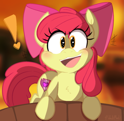 Size: 1111x1088 | Tagged: safe, artist:malachimoet, apple bloom, earth pony, pony, g4, blushing, bow, chest fluff, date, female, filly, foal, hair bow, heart, heart eyes, looking at you, open mouth, smiling, smiling at you, solo, wingding eyes