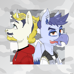 Size: 5000x5000 | Tagged: safe, artist:xasslash, oc, oc:money burn, griffon, pony, unicorn, abstract background, beard, clothes, duo, ear piercing, facial hair, griffon oc, horn, male, nose piercing, piercing, septum piercing, tongue out, tongue piercing, unicorn oc, wreath