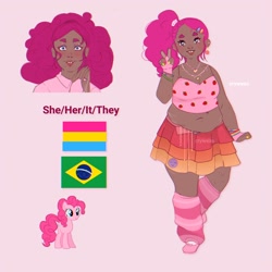 Size: 2048x2048 | Tagged: safe, artist:cryweas, pinkie pie, human, pony, g4, brazil, chromatic aberration, chubby, clothes, dark skin, diversity, headcanon, heart, high res, humanized, jewelry, midriff, necklace, peace sign, pride flag, pronouns, skirt, solo