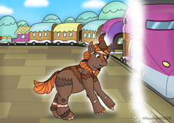 Size: 1280x905 | Tagged: safe, artist:sparkbolt3020, part of a set, oc, oc:kindling flames, human, kirin, commission, confused, humanized, humanized oc, kirin oc, kirin to human, reality shift, story included, train, train station