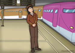 Size: 1280x905 | Tagged: safe, artist:sparkbolt3020, part of a set, oc, oc:kindling flames, human, beauty mark, clock, clothes, commission, hat, humanized, humanized oc, kirin to human, post-transformation, smiling, story included, train, train station, uniform