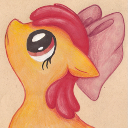 Size: 567x567 | Tagged: safe, artist:shema-the-lioness, apple bloom, earth pony, pony, g4, apple bloom's bow, bow, female, filly, foal, hair bow, looking up, solo, traditional art