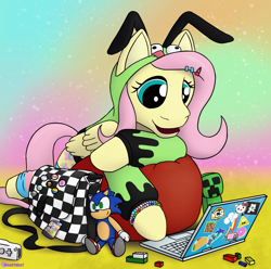 Size: 1562x1548 | Tagged: safe, fluttershy, pegasus, pony, antonymph, cutiemarks (and the things that bind us), vylet pony, g4, colorful, computer, fluttgirshy, gir, invader zim, laptop computer, lego, minecraft, music inspired, plushie, pride, pride flag, scene kid, solo, sonic the hedgehog, sonic the hedgehog (series), trans fluttershy, transgender, transgender pride flag, vibrant, wii
