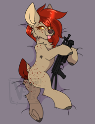 Size: 1000x1300 | Tagged: safe, artist:vashtwiist, oc, oc:frieda, deer, body pillow, butt freckles, deer oc, female, freckles, gun, long mane, looking at you, non-pony oc, obtrusive watermark, pp-bizon, shoulder freckles, solo, tongue out, watermark, weapon