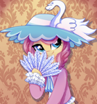 Size: 1752x1878 | Tagged: safe, artist:stesha, swan song, earth pony, pony, g4, background pony, blue eyes, bust, clothes, commission, cute, dress, fan, female, hand fan, hat, hoof hold, looking away, mare, shy, smiling, solo