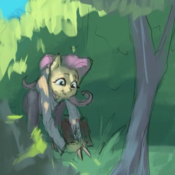 Size: 872x871 | Tagged: safe, artist:haku nichiya, fluttershy, pegasus, anthro, g4, female, looking at something, looking down, outdoors, scissors, smiling, solo, tree