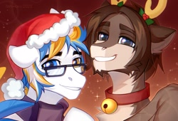 Size: 2200x1500 | Tagged: safe, artist:fenwaru, oc, oc only, oc:alan techard, pegasus, pony, bell, bell collar, chest fluff, christmas, collar, glasses, hat, holiday, male, pegasus oc, santa hat, stallion