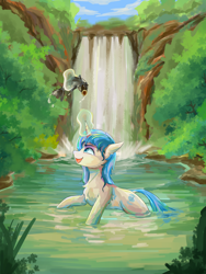 Size: 2100x2800 | Tagged: safe, artist:月下枫林, oc, oc only, oc:blueblaze stardust, fish, pony, unicorn, forest, glowing, glowing horn, high res, horn, magic, smiling, telekinesis, unicorn oc, water, waterfall