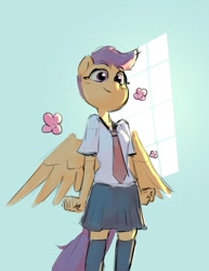 Size: 629x814 | Tagged: safe, artist:haku nichiya, scootaloo, pegasus, anthro, g4, clothes, female, necktie, skirt, skirtaloo, socks, solo, thigh highs