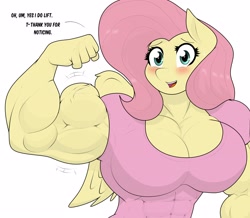 Size: 3444x3010 | Tagged: safe, artist:matchstickman, fluttershy, pegasus, anthro, g4, abs, biceps, blushing, blushing profusely, breasts, busty fluttershy, clothes, dialogue, female, flexing, high res, looking at you, mare, muscles, muscleshy, muscular female, pecs, shirt, shy, simple background, solo, talking to viewer, triceps, white background