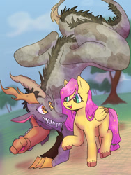 Size: 768x1024 | Tagged: safe, artist:littledemo0n, discord, fluttershy, draconequus, pegasus, pony, g4, alternate design, cloven hooves, colored hooves, colored wings, duo, fangs, female, folded wings, looking at each other, looking at someone, mare, open mouth, open smile, outdoors, raised hoof, redesign, sharp teeth, smiling, stray strand, teeth, two toned wings, walk, wings