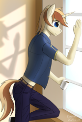 Size: 2000x3000 | Tagged: safe, artist:dash wang, oc, oc only, oc:cream brun, unicorn, anthro, clothes, coffee, hand, high res, male, shoes, solo, window