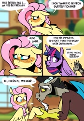 Size: 1423x2048 | Tagged: safe, artist:lrusu, discord, fluttershy, twilight sparkle, alicorn, draconequus, pegasus, pony, comic:fluttercord (irusu), g4, ..., blushing, clueless, comic, dialogue, eyebrows, eyebrows visible through hair, female, male, ship:discoshy, shipping, shy, smiling, speech bubble, straight, surprised, sweat, trio, twilight sparkle (alicorn), wide eyes