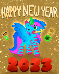 Size: 1638x2048 | Tagged: safe, artist:horse-time-babey, oc, oc only, alicorn, pony, 2023, alicorn oc, happy new year, holiday, horn, party horn, solo, wings