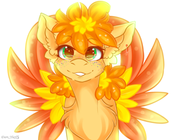 Size: 1914x1514 | Tagged: safe, artist:yuris, oc, oc only, pegasus, pony, bust, cute, ears back, female, freckles, green eyes, pegasus oc, ponified, portrait, simple background, smiling, solo, spread wings, white background, wings