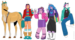 Size: 4502x2410 | Tagged: safe, artist:daisy_marshmallow, hitch trailblazer, izzy moonbow, pipp petals, sunny starscout, zipp storm, horse, human, equestria girls, g4, g5, clothes, converse, equestria girls-ified, female, g5 to equestria girls, g5 to g4, generation leap, hoers, humanized, male, mane five, one of these things is not like the others, open-toed shoes, sandals, selfie, shoes, simple background, stallion, toes, toy interpretation, white background