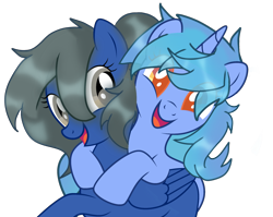 Size: 2484x1981 | Tagged: artist needed, safe, oc, oc only, pegasus, pony, unicorn, duo, eye clipping through hair, horn, looking at you, open mouth, open smile, pegasus oc, simple background, smiling, smiling at you, transparent background, unicorn oc