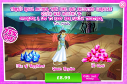 Size: 1956x1301 | Tagged: safe, gameloft, idw, queen haydon, gargoyle, g4, my little pony: magic princess, advertisement, clothes, costs real money, crown, dress, ear piercing, earring, english, female, gem, idw showified, introduction card, jewelry, mobile game, numbers, piercing, queen, regalia, sale, solo, tail, text, wings