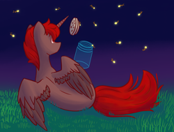 Size: 1530x1154 | Tagged: safe, artist:bread stoat, oc, oc:hardy, alicorn, firefly (insect), insect, pony, alicorn oc, grass, horn, jar, male, male alicorn, male alicorn oc, night, rear view, solo, spread wings, stallion, wings