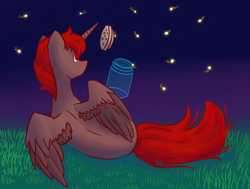 Size: 1530x1154 | Tagged: safe, artist:bread stoat, oc, oc only, oc:hardy, alicorn, firefly (insect), insect, pony, alicorn oc, grass, horn, jar, male, male alicorn, male alicorn oc, night, rear view, solo, spread wings, stallion, wings