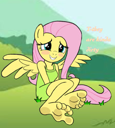 Size: 1170x1304 | Tagged: safe, artist:darienspeyer, artist:zeekthatgeek, fluttershy, pegasus, anthro, plantigrade anthro, g4, barefoot, blush sticker, blushing, breasts, dirt, dirty, dirty feet, eyes closed, feet, fetish, foot fetish, foot focus, grin, happy, nervous, nervous smile, smiling, soles, spread wings, tail, toes, wings