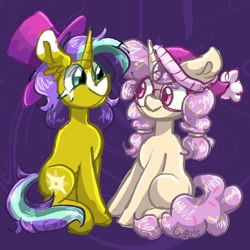 Size: 2048x2048 | Tagged: safe, artist:cupute, oc, oc only, oc:fluffy dough, oc:star mane, pony, unicorn, cute, duo, ear fluff, fluffy mane, fluffy tail, high res, horn, ocbetes, sitting, tail, unicorn oc