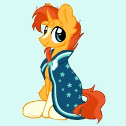 Size: 2024x2023 | Tagged: safe, artist:cupute, sunburst, pony, unicorn, g4, blue background, cloak, clothes, cyan background, glasses off, high res, male, missing accessory, simple background, sitting, smiling, solo, stallion, sunburst's cloak