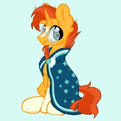 Size: 2024x2023 | Tagged: safe, alternate version, artist:cupute, sunburst, pony, unicorn, g4, blue background, cloak, clothes, cyan background, glasses, high res, male, simple background, sitting, smiling, solo, stallion, sunburst's cloak, sunburst's glasses