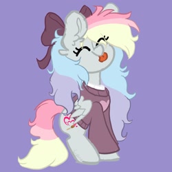 Size: 1791x1791 | Tagged: safe, artist:cupute, oc, oc only, oc:blazey sketch, pegasus, pony, :p, bow, clothes, hair bow, multicolored hair, purple background, simple background, small wings, solo, sweater, tongue out, wings
