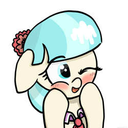 Size: 2048x2048 | Tagged: safe, artist:super-dead, coco pommel, earth pony, pony, g4, blushing, cocobetes, cute, female, high res, hooves on cheeks, one eye closed, simple background, solo, white background