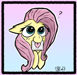 Size: 718x698 | Tagged: safe, artist:scarletdoodle, fluttershy, pegasus, pony, g4, bust, female, heart, mare, mouth hold, note, pink mane, portrait, question mark, simple background, solo, turquoise eyes, yellow coat