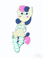 Size: 830x1130 | Tagged: safe, artist:kanw, bon bon, sweetie drops, earth pony, pony, g4, adorabon, bed, blushing, clothes, cute, featureless crotch, lying down, smiling, socks, solo, striped socks