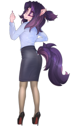 Size: 2500x4400 | Tagged: safe, alternate version, artist:lakunae, oc, oc only, oc:violet, anthro, anthro oc, clothes, female, fuck you, high heels, looking at you, looking back, makeup, mare, office lady, pantyhose, pencil skirt, shirt, shoes, simple background, skirt, smiling, transparent background, tube skirt